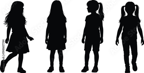 Children silhouettes collection, kids standing poses, diverse childhood figures, expressive posture illustration, black silhouettes art, lifestyle design, vector children icons