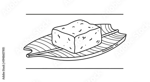 Hand-drawn illustration of a single cube of tofu on a decorative leaf-shaped plate