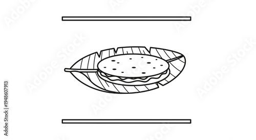 Hand-drawn illustration of a traditional Arepa on a banana leaf, served on a skewer.
