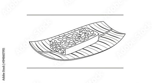 Hand-drawn illustration of a tempeh bar on a banana leaf plate