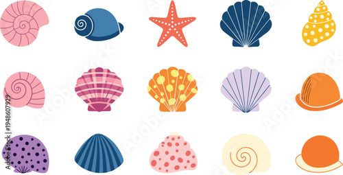 Colorful seashell collection vector icons, starfish and marine shells set, ocean beach elements, sea life illustration pack design