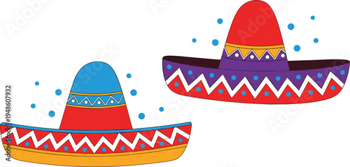 Colorful Mexican sombrero hats illustration, festive traditional culture design, Cinco de Mayo celebration, vibrant heritage art, decorative party elements