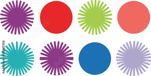 Colorful sunburst and solid circle illustration set, abstract vector artwork, geometric design, decorative pattern, vibrant shapes, modern art