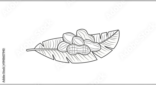 Hand-drawn illustration of peanuts on a banana leaf, sketch style, isolated on white background.