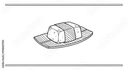 Hand-drawn illustration of tofu on a bamboo mat, simple and clean design
