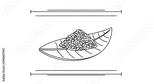 Hand-drawn illustration of rice grains on a leaf, symbolizing natural food and organic ingredients.
