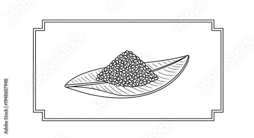 Hand-drawn illustration of sesame seeds piled on a leaf-shaped dish, vintage style