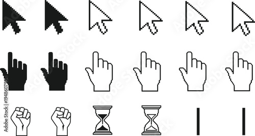 Computer cursor icons silhouette, arrow pointer design, hand click symbol, hourglass loading artwork, text input bar illustration, digital interface graphic