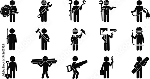 Construction worker icons set, builder silhouette collection, industrial labor tools, handyman pictogram, repair service symbols, worker occupation vector
