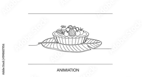 Hand-drawn line art animation of a fruit tart on a banana leaf