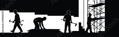 Construction workers silhouettes working on building site with scaffolding, tools, hammer, teamwork, industrial labor concept, architecture development project, safety industry
