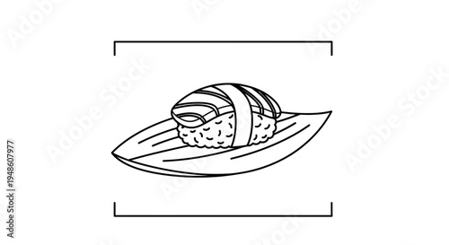 Hand-drawn sushi nigiri on a leaf-shaped plate, minimalist food illustration