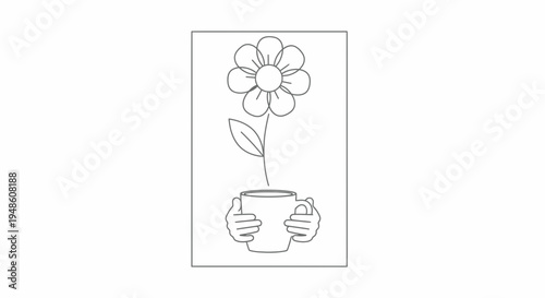 Hand holding a mug with a blooming flower growing out of it, simple line art illustration