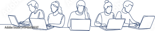Minimalist laptop users continuous line art, collaborative digital workspace scene flat vector