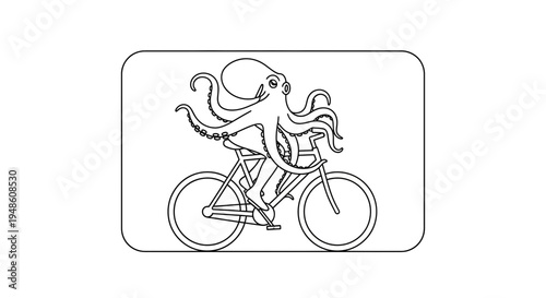 Funny Octopus Riding a Bicycle, Cartoon Style