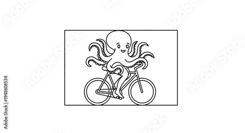 Funny Octopus Riding a Bicycle, Cartoon Character, Line Art