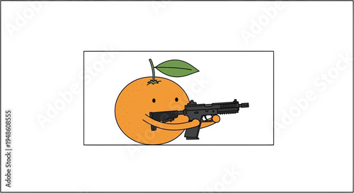 Funny orange character with gun, cartoon style, white background