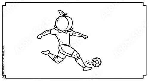 Funny Peach Character Playing Soccer, Cartoon Style