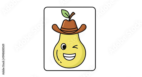 Funny Pear Character Wearing Cowboy Hat, Winking and Smiling