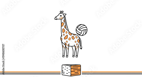 Funny Giraffe Playing Volleyball on a Box, Cartoon Style