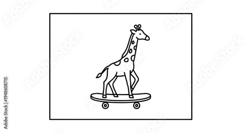 Funny Giraffe Riding Skateboard, Cartoon Style, Outline Drawing
