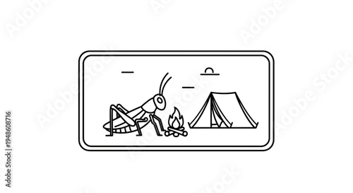 Funny Grasshopper Camping by Campfire with Tent, Outdoor Adventure