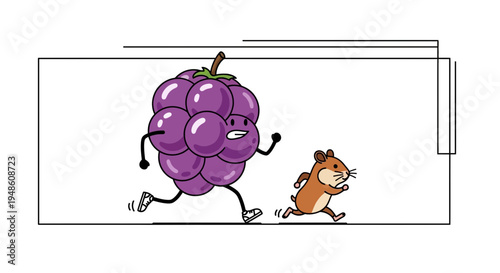 Funny Grape Character Chased by Hamster, Cartoon Style