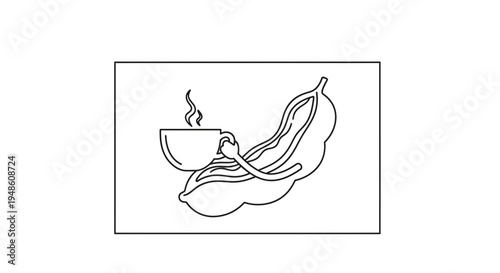 Funny illustration of a coffee cup with arms hugging a pea pod