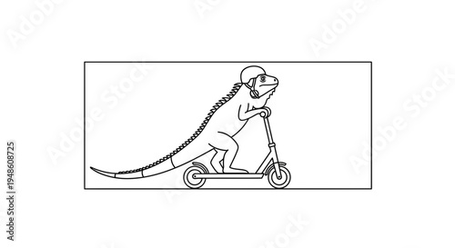Funny Iguana Riding a Scooter with Helmet, Cartoon Style