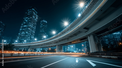 Urban highway traffic with red and white light trails at night