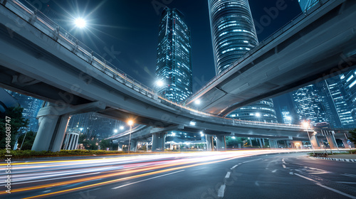 City highway road with car light trails in night long exposure photography