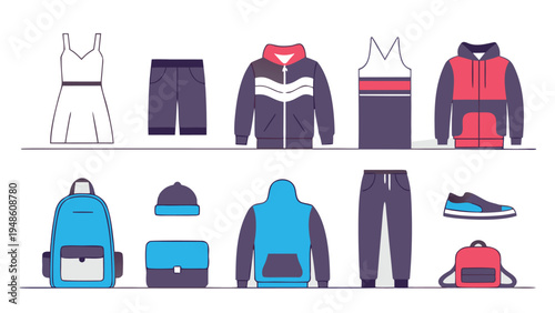 Flat vector illustration depicting a variety of streetwear and casual clothing items arranged across two minimalist shelves on a plain white background.