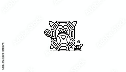 Funny cartoon pineapple character playing tennis with a turtle, sports concept