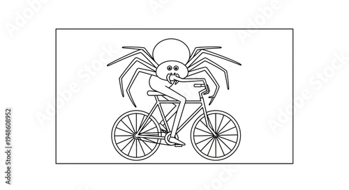 Funny cartoon spider riding a bicycle, black and white illustration