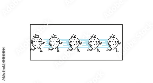 Funny cartoon strawberries running in a line, cute food characters, healthy lifestyle concept