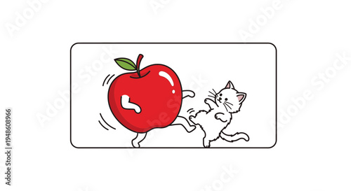 Funny Cat Kicking a Red Apple with a Face