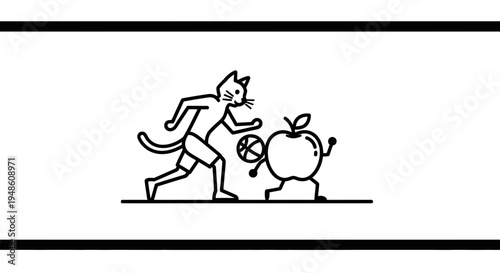 Funny Cat Playing Soccer with Anthropomorphic Apple Character