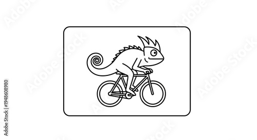 Funny Chameleon Riding a Bicycle, Cartoon Style, Outline Illustration