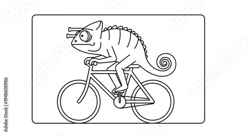 Funny Chameleon Riding a Bicycle, Cartoon Style, Isolated on White Background