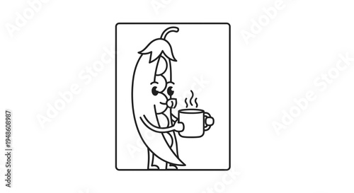 Funny chili pepper character holding a hot coffee mug, cartoon style