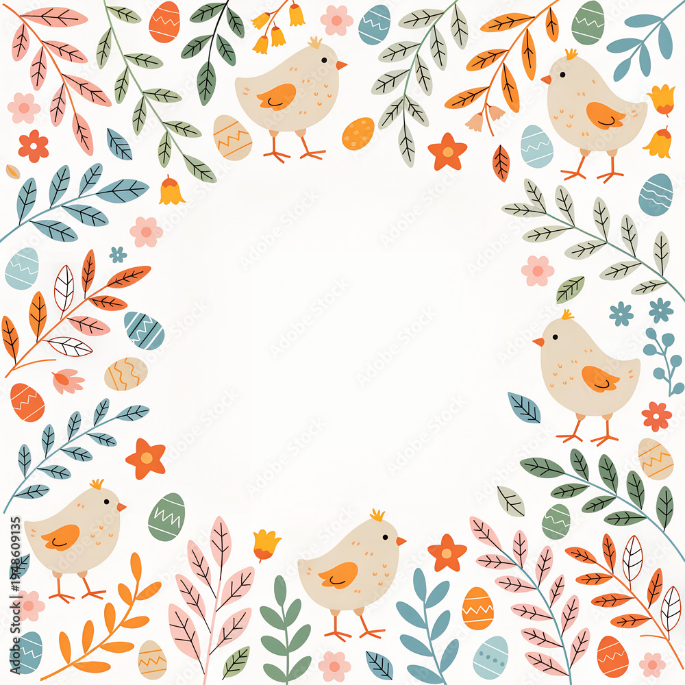 Obraz premium Easter border with cute chicks, eggs and spring flowers, flat pastel vector style, isolated