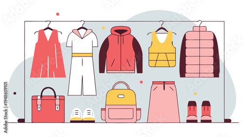 Cartoon style vector graphic showing various garments like dresses and jackets hanging on a rack with footwear and bags placed underneath on the floor.