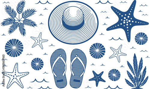 A charming blue and white of beach essentials and marine life