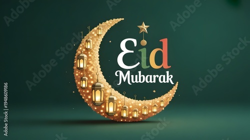 Eid mubarak greeting with golden crescent moon and lanterns on dark green background