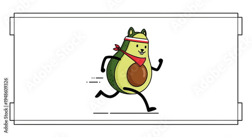 Funny Avocado Character Running with Red Bandana and Medal, Healthy Lifestyle Concept