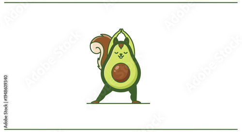 Funny Avocado Squirrel Doing Yoga Pose, Cartoon Character, Healthy Lifestyle Concept