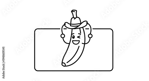 Funny Banana Character Wearing Cowboy Hat Winking and Holding a Frame