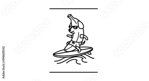 Funny Banana Dog Surfing on Wave, Summer Vacation, Cartoon Style