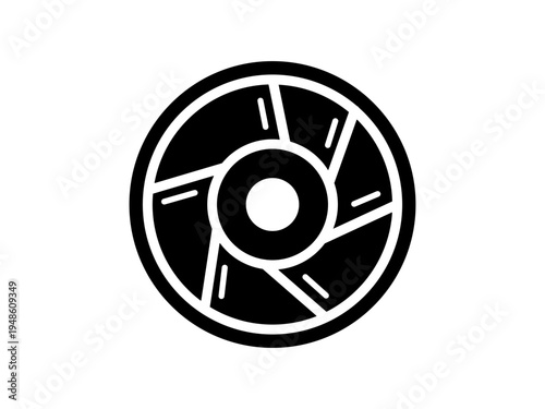 Black camera lens icon in a simple flat silhouette style.
