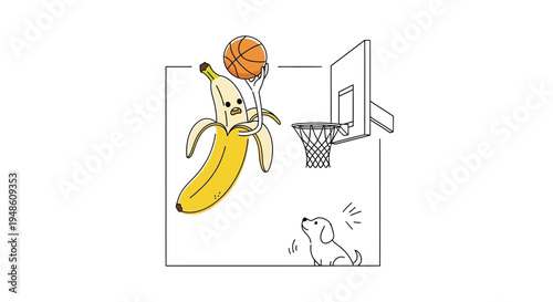 Funny Banana Playing Basketball with Dog Watching